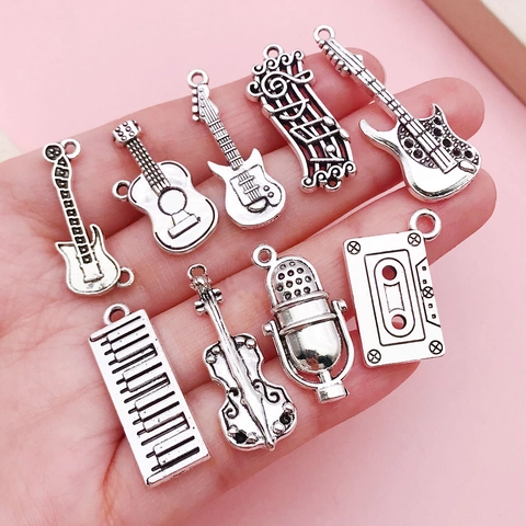 Vintage Antique Silver Alloy Musical Instrument Pendants DIY Jewelry Making Accessories For Necklace Bracelet Guitar Note Piano Saxophone Charms