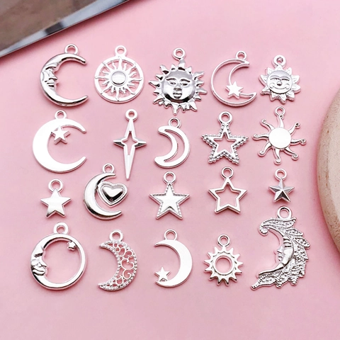 Ensemble de Charmes Célestes en Argent Vintage Pendentifs Soleil Lune Étoile en Alliage de Zinc Pour Fabrication de Bijoux DIY Colliers Bracelets Accessoires