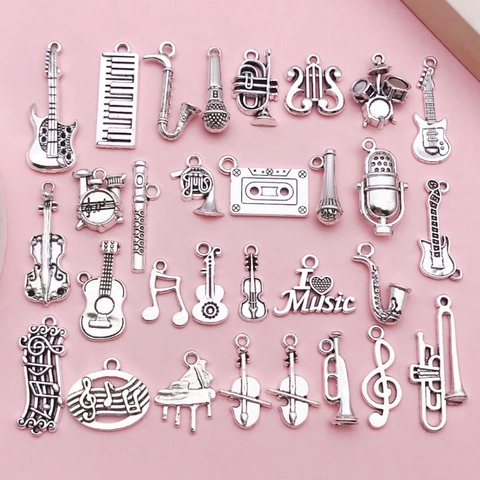 Vintage Antique Silver Alloy Musical Instrument Pendants DIY Jewelry Making Accessories For Necklace Bracelet Guitar Note Piano Saxophone Charms