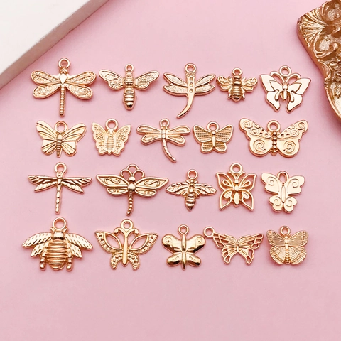 Gold Plated Zinc Alloy Insect Charms Hollow Out Butterfly Dragonfly Bee Pendants For DIY Handmade Jewelry Accessories
