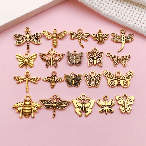 Antique Gold Zinc Alloy Butterfly Bee Dragonfly Insect Jewelry Charms For DIY Necklace Earring Handmade Pendant Accessories