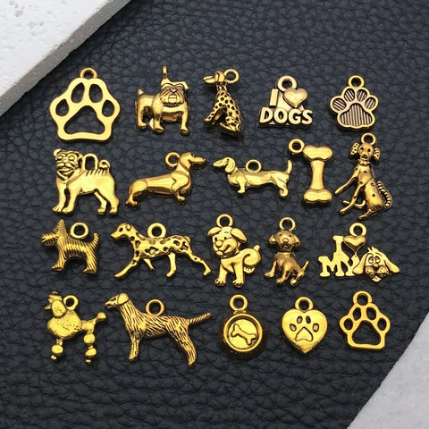 Antique Gold Alloy Dog Puppy Pendants For DIY Jewelry Making Animal Bone Paw Print Charms For Bracelet Necklace Craft Accessories