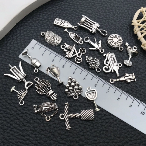 Vintage Antique Silver Alloy Wine Series Pendants Red Wine Bottle Glass Grapes Corkscrew Charms For Jewelry Making DIY Accessory