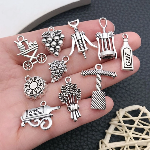 Vintage Zinc Alloy Wine Theme Charms For Jewelry Making DIY Bottle Cup Opener Grapes Pendants Necklace Bracelet Supplies