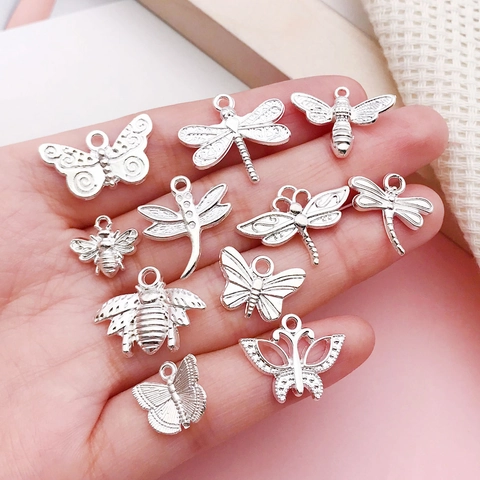 Bright Silver Alloy Butterfly Bee Dragonfly Pendants For DIY Jewelry Making Assorted Insect Animal Charms For Women Jewelry