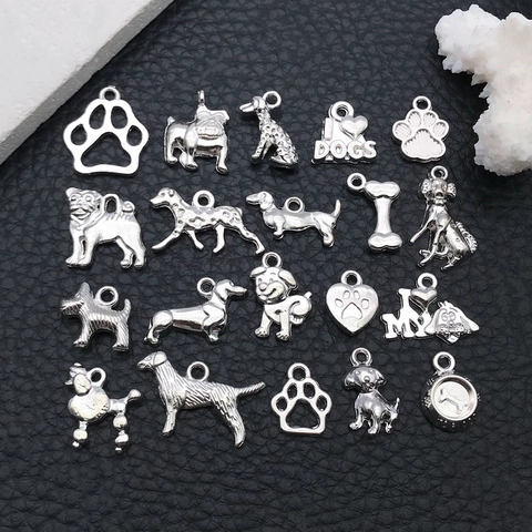 DIY Zinc Alloy Animal Dog Bone Paw Pendants For Jewelry Making Silver Plated Cute Dog Breed Charms For Bracelet Necklace Accessory