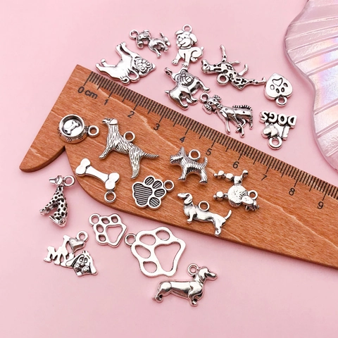 Antique Silver Alloy Dog Pendant For DIY Jewelry Making Animal Puppy Bone Paw Heart Shape Charms Necklace Accessories