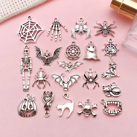 Antiek Zilver Halloween Legering Charms Spin Vleermuis Schedel Geest Pompoen Tovenaar Hangers Voor DIY Sieraden Maken Ambachten Decoratie