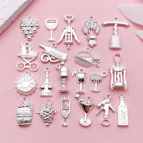 Silver Alloy Wine Theme Pendants For DIY Jewelry Making Wine Bottle Glass Opener Grapes Charms Accessory For Necklace Bracelet