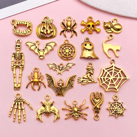 Antique Gold Alloy Halloween Charms Skeleton Spider Pumpkin Bat Ghost Witch Pendants For DIY Jewelry Making Accessories