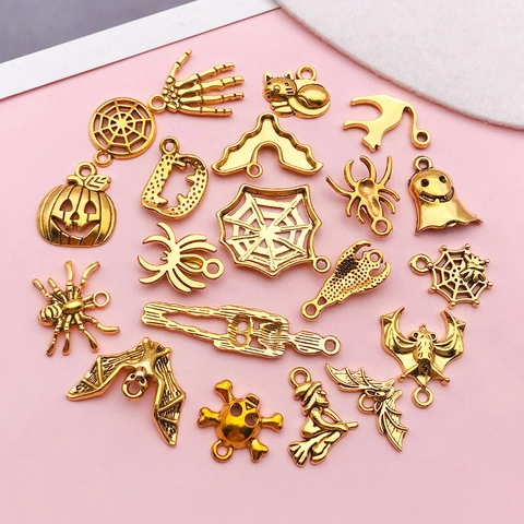 Antique Gold Alloy Halloween Charms Skeleton Spider Pumpkin Bat Ghost Witch Pendants For DIY Jewelry Making Accessories