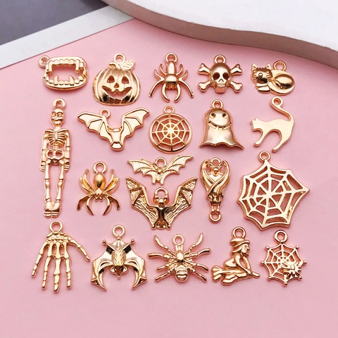 KC Gold Alloy Halloween Charms Pendant For DIY Necklace Bracelet Jewelry Making Pumpkin Bat Spider Ghost Witch Accessories