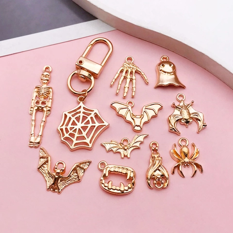 KC Gold Alloy Halloween Charms Pendant For DIY Necklace Bracelet Jewelry Making Pumpkin Bat Spider Ghost Witch Accessories