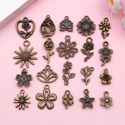 Antique Bronze Zinc Alloy Flower Charms Rose Sunflower Lotus Daisy Pendants For DIY Jewelry Making Necklaces Bracelets
