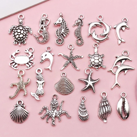 Antique Silver Marine Animal Alloy Pendants Sea Star Dolphin Shell Turtle DIY Charms For Jewelry Making Keychain Accessory