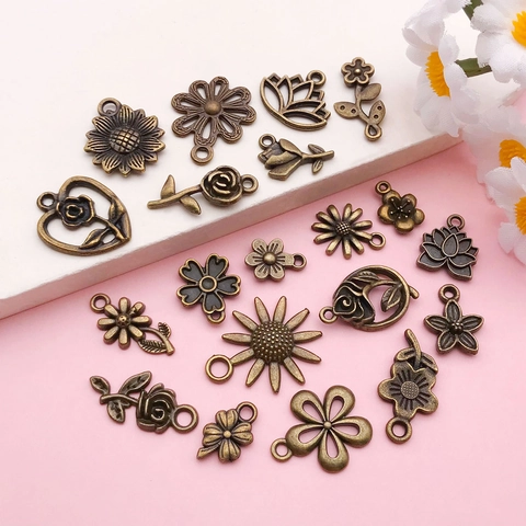 Antique Bronze Zinc Alloy Flower Charms Rose Sunflower Lotus Daisy Pendants For DIY Jewelry Making Necklaces Bracelets