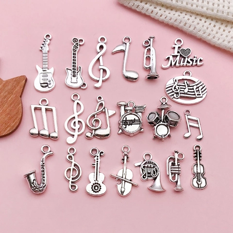 Antique Silver Vintage Musical Instrument Charms Alloy Music Note Guitar Violin Pendants DIY Jewelry Making Supplies Accessories