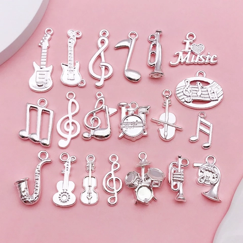 Zinc Alloy Musical Instrument Charms Music Note Guitar Violin Saxophone Pendant DIY Jewelry Making Accessories Silver Color