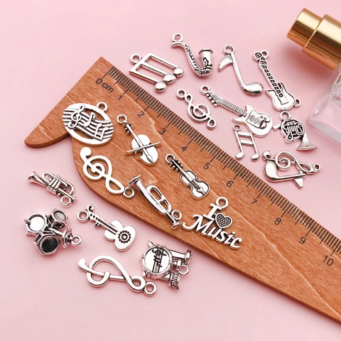 Antique Silver Vintage Musical Instrument Charms Alloy Music Note Guitar Violin Pendants DIY Jewelry Making Supplies Accessories