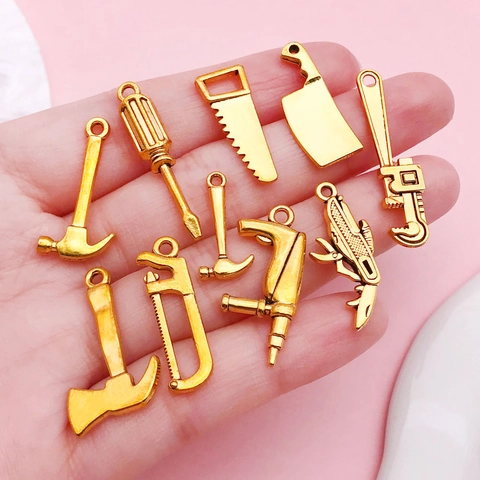 Pendentifs en Alliage d'Or Antique Forme de Mini Outils pour Création de Bijoux DIY Marteau Scie Clé Tournevis Accessoires de Porte-clés
