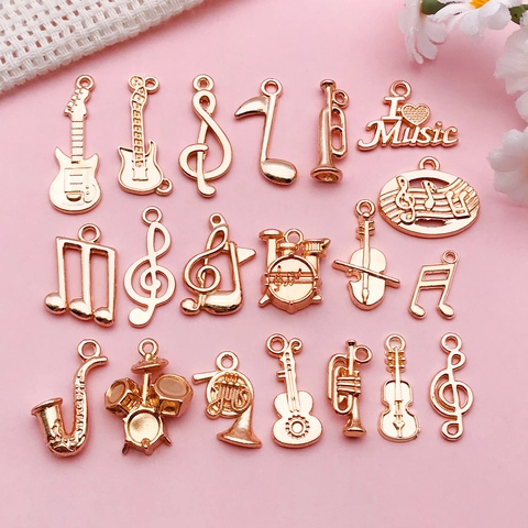 KC Gold Alloy Musical Instrument Pendants Guitar Drum Saxophone Violin Note Charms For DIY Jewelry Making Accessories