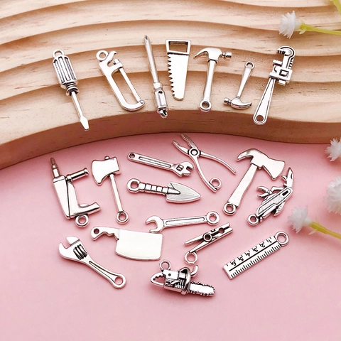 Antique Silver Alloy Mini Hardware Tools Charms Hammer Wrench Axe Screwdriver Saw For DIY Jewelry Making Keychain Pendant Findings