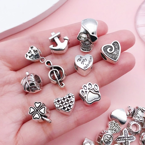 Antique Silver Zinc Alloy Large Hole Beads Retro Clover Heart Crown Animal Charms For DIY Necklace Bracelet Jewelry Making Accessories