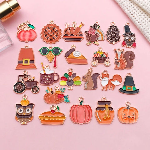 Thanksgiving Alloy Enamel Charms For DIY Jewelry Making Pumpkin Turkey Squirrel Owl Autumn Harvest Theme Pendants Accessories