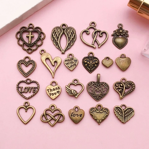 Vintage Antique Bronze Heart Charms Set Love Wings Hollow Alloy Pendants For DIY Necklace Bracelet Jewelry Making Accessories
