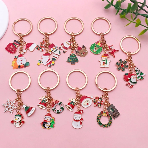 Christmas Zinc Alloy Enamel Keychain Santa Claus Reindeer Snowman Pendant Bag Charm Rhinestone Drip Oil Festive Jewelry Gift