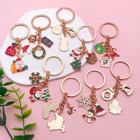 Christmas Zinc Alloy Enamel Keychain Santa Claus Reindeer Snowman Pendant Bag Charm Rhinestone Drip Oil Festive Jewelry Gift