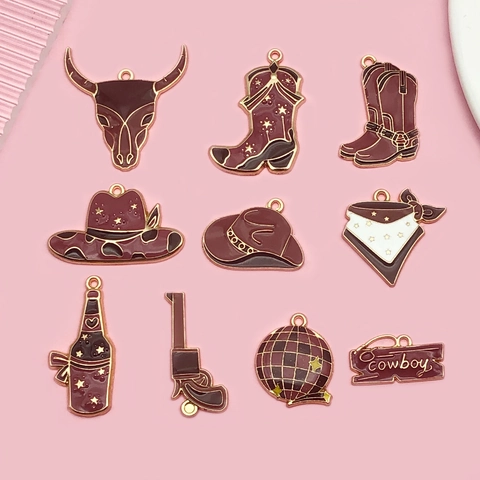 Western Cowboy Enamel Alloy Pendants Pink Brown Zinc Alloy Boots Hat Cow Skull DIY Jewelry Charms Accessories For Women