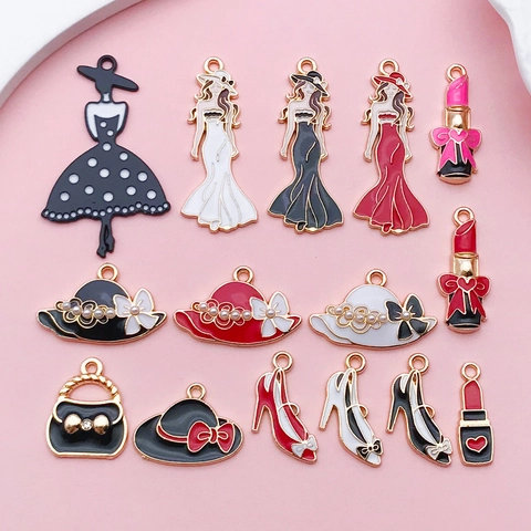 Women Fashion Enamel Zinc Alloy Charms For DIY Jewelry Making Lipstick High Heels Hat Handbag Dress Lady Series Pendants