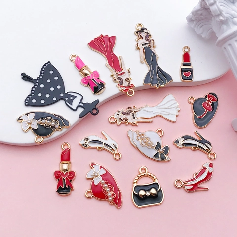 Women Fashion Enamel Zinc Alloy Charms For DIY Jewelry Making Lipstick High Heels Hat Handbag Dress Lady Series Pendants