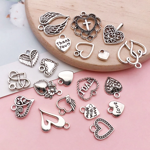 Antique Silver Zinc Alloy Heart Wings Cross Charms For DIY Necklace Bracelet Earring Jewelry Making Pendants