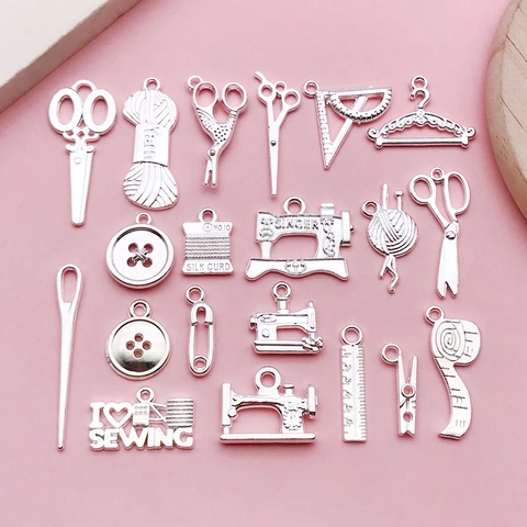 Silver Sewing Tool Alloy Pendants For DIY Jewelry Making Sewing Machine Scissors Button Tape And Yarn Charm Jewelry Findings