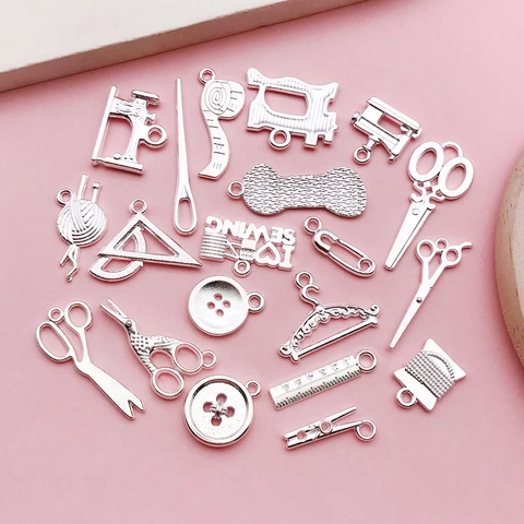 Silver Sewing Tool Alloy Pendants For DIY Jewelry Making Sewing Machine Scissors Button Tape And Yarn Charm Jewelry Findings