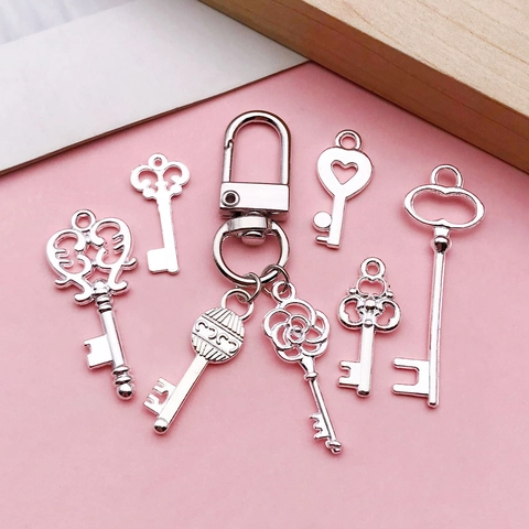 Vintage Silver Alloy Key Pendants DIY Jewelry Making Heart Wing Crown Flower Shape Charms For Necklace Bracelet Accessories