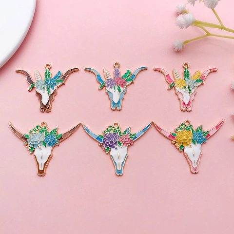 Pendentifs en Alliage Émail Tête de Taureau Bohème Motifs Floraux pour Collier DIY Fabrication de Bijoux et Porte-Clés Femme