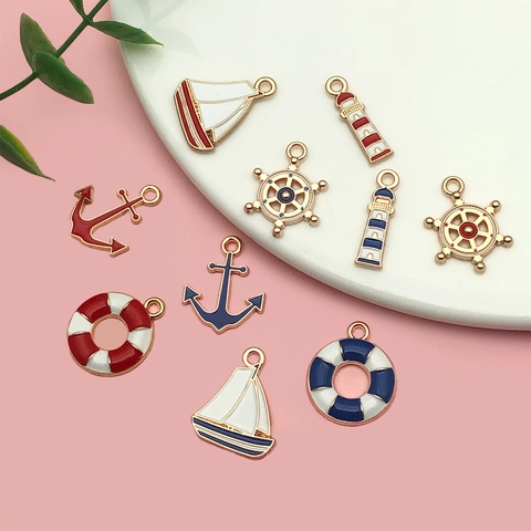 Nautical Theme Zinc Alloy Enamel Pendants Set Sailboat Anchor Lighthouse Lifebuoy Charms For DIY Jewelry Making Accessories