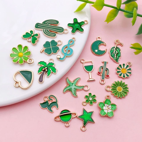 Ensemble de Charmes en Alliage d'Émail Vert Cactus Trèfle Fleur Étoile de Mer Feuille Pendentifs pour la Fabrication de Bijoux DIY Collier Bracelet Accessoire