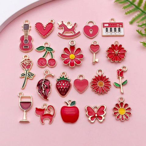 Red Enamel Alloy Fruit Flower Pendants DIY Jewelry Making Accessories Cherry Strawberry Apple Rose Flower Key Charms