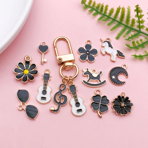 DIY Alloy Enamel Pendants Black Series Music Note Heart Flower Butterfly Horse Charms For Jewelry Making Women Accessories