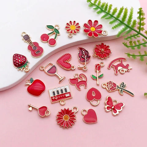 Red Enamel Alloy Fruit Flower Pendants DIY Jewelry Making Accessories Cherry Strawberry Apple Rose Flower Key Charms