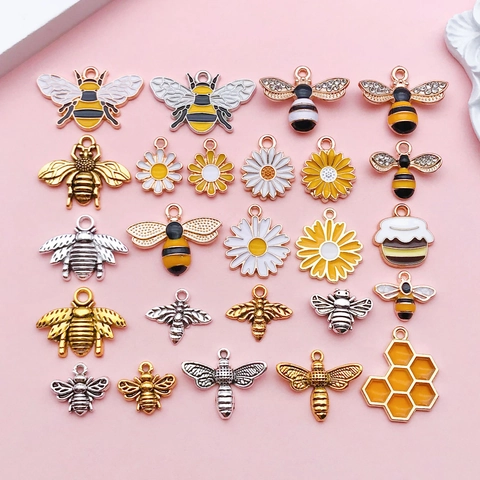 Enamel Bee Daisy Sunflower Honeycomb Alloy Pendants For DIY Jewelry Making Mixed Rhinestone Charms For Necklace Bracelet