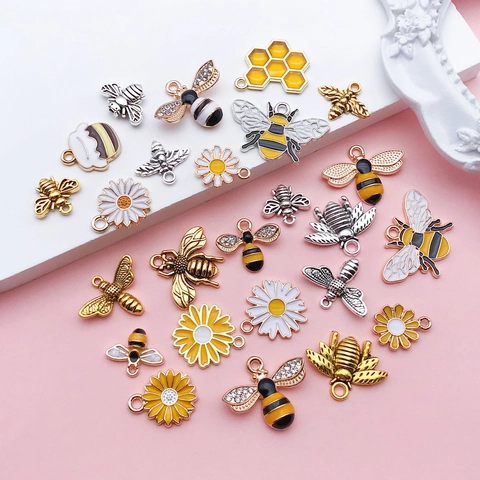 Enamel Bee Daisy Sunflower Honeycomb Alloy Pendants For DIY Jewelry Making Mixed Rhinestone Charms For Necklace Bracelet