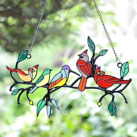 Mehrfarbige Vögel Auf Zweig Suncatcher Hängeornament Aluminiumlegierung Bedruckte Vögel Fensterdeko Für Muttertag Heimdekoration