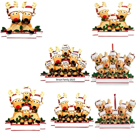 Christmas Reindeer Family Ornament Resin Deer Wearing Red Hat Blank Banner Hanging Xmas Tree Decor Festive Holiday Gift