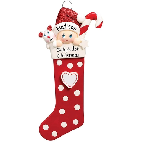 Ornamento a Calza di Natale in Resina Personalizzato Primo Natale del Neonato Decorazione Appendere con Cuore a Pois Regalo