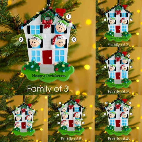Ornamento Natalizio a Forma di Casa in Resina Stile Membri Famiglia Decorazione da Appendere per Albero Festa Casa